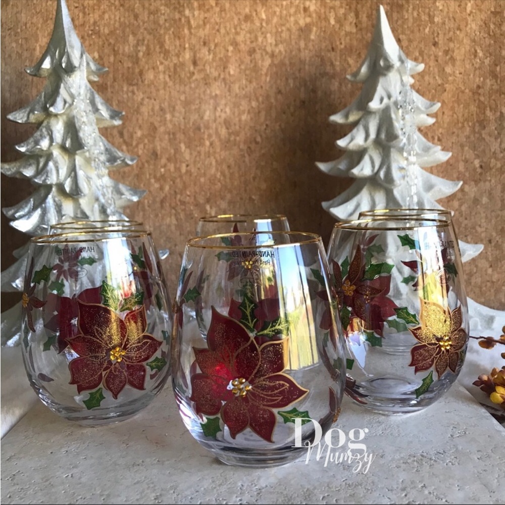 2 Handpainted Poinsettia Jewel Christmas Wine Glass